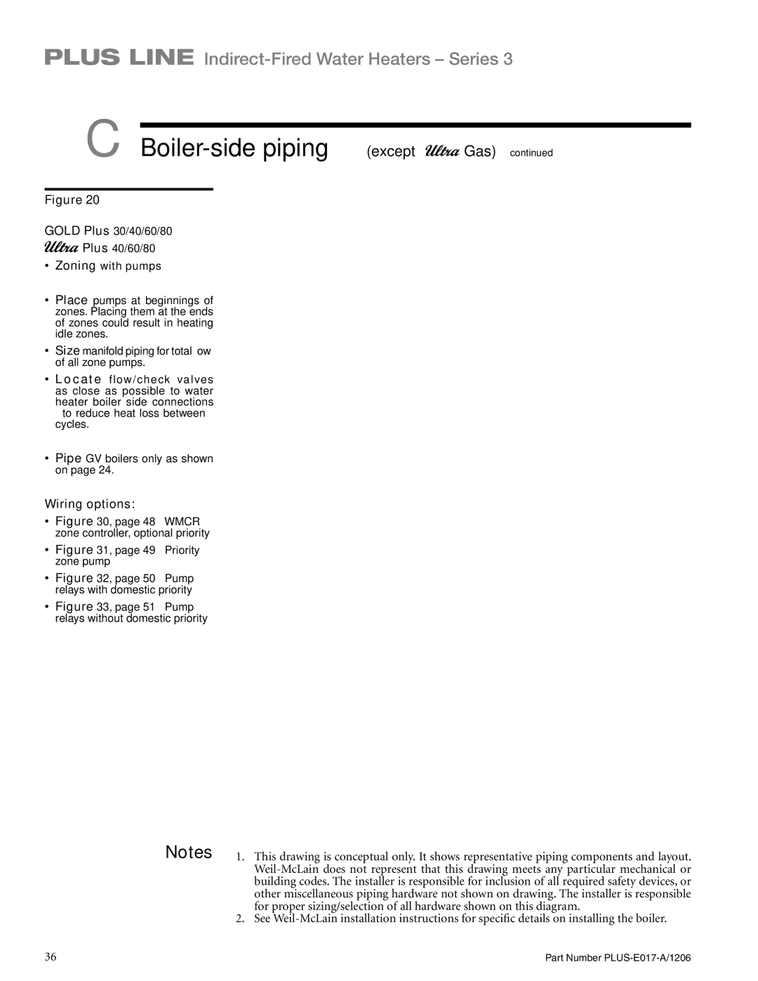 Weil-McLain PLUS-E017-A/1206 manual Boiler-side piping except Gas , Wiring options 